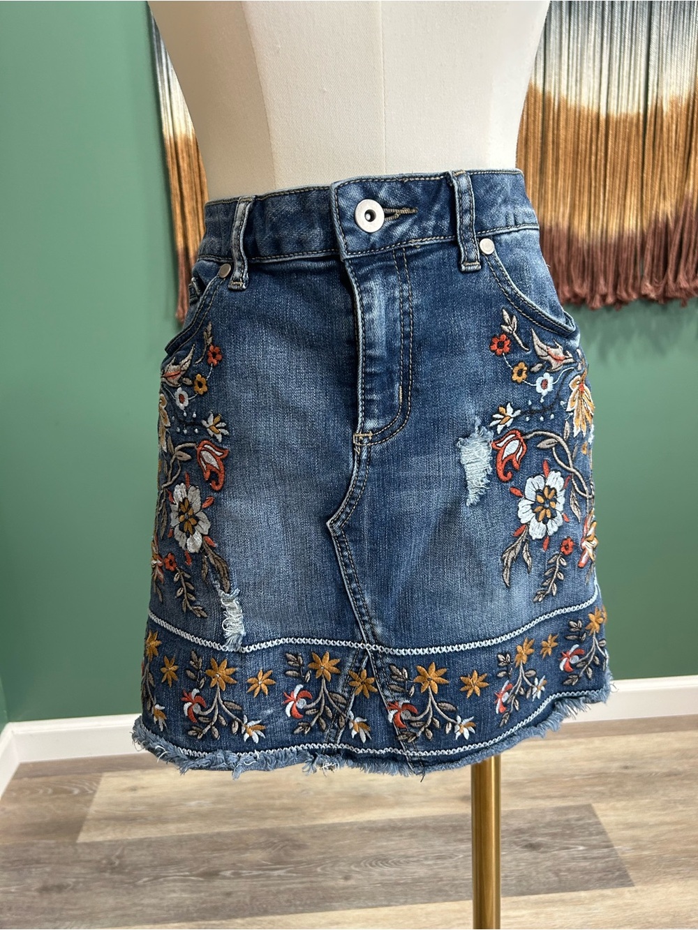 Altar’d State Denim Mini Skirt with Colorful Floral Embroidery - Picture 5 of 9
